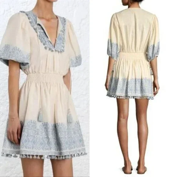 Zimmermann Helm Split Neck Jacquard Fringe Tassel Linen Lace Mini Dress - Picture 3 of 12